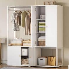 White Wardrobe Closet with Hanging Rod, Shelves, and 4 Doors for Bedroom Storage
