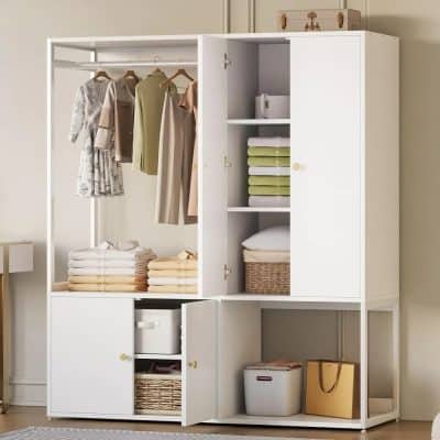 White Wardrobe Closet with Hanging Rod, Shelves, and 4 Doors for Bedroom Storage