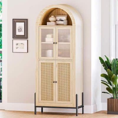 65 Inch White Freestanding Arched Storage Cabinet with Reeded Glass Door