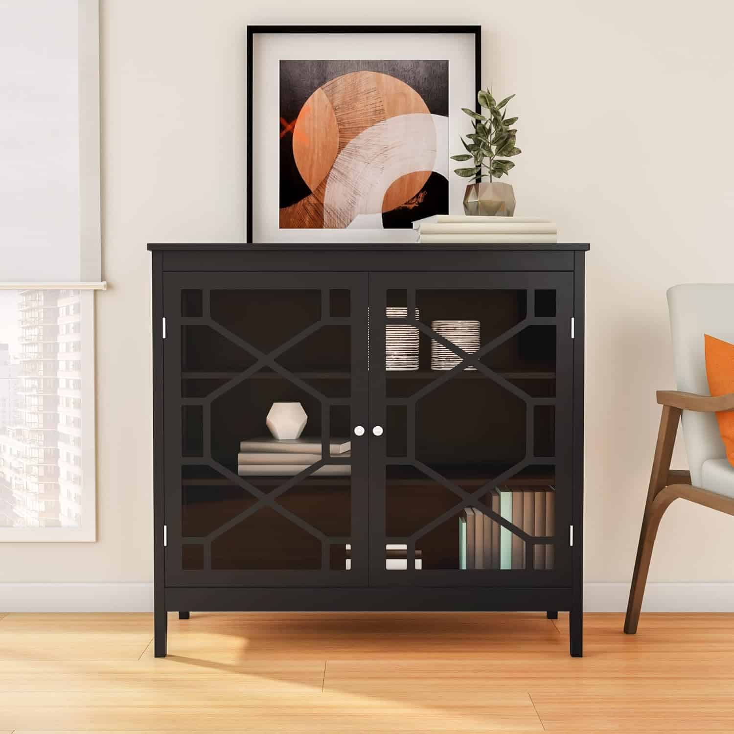 Elegant Black Cabinet with Decorative Door Fronts and Ample Storage - Image 2