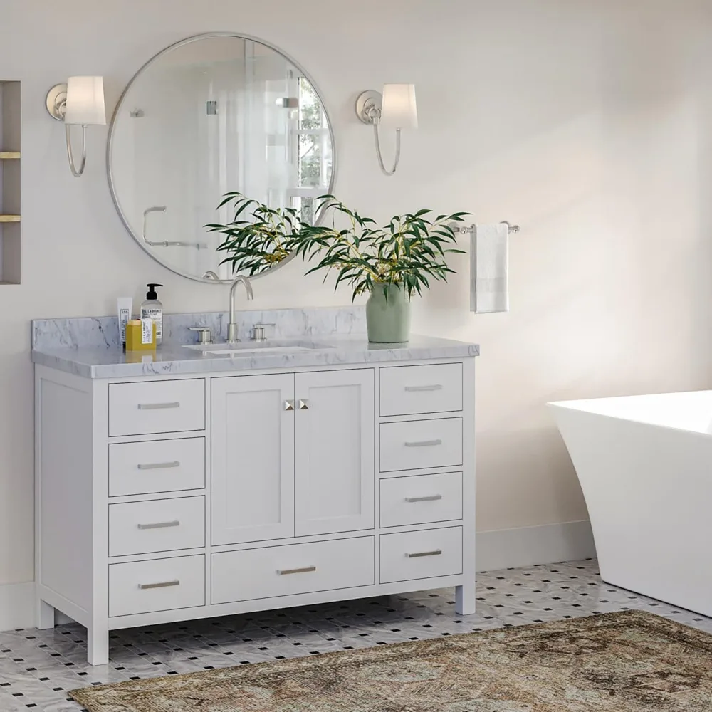 55" White Bathroom Vanity with Italian Carrara Marble Countertop and Backsplash - Image 3