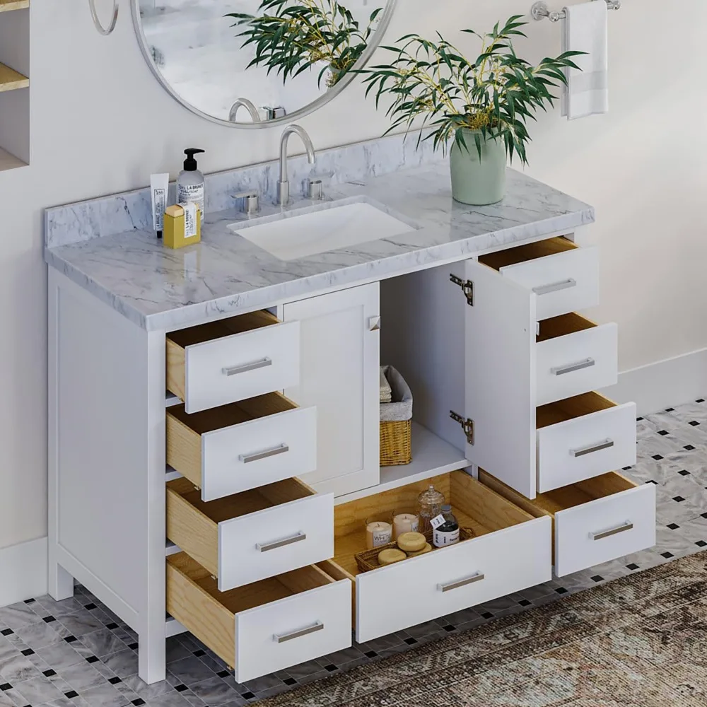 55" White Bathroom Vanity with Italian Carrara Marble Countertop and Backsplash - Image 4