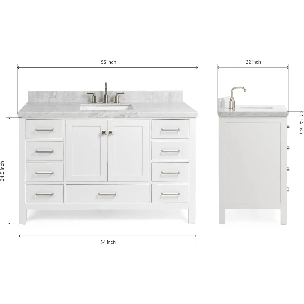 55" White Bathroom Vanity with Italian Carrara Marble Countertop and Backsplash - Image 5