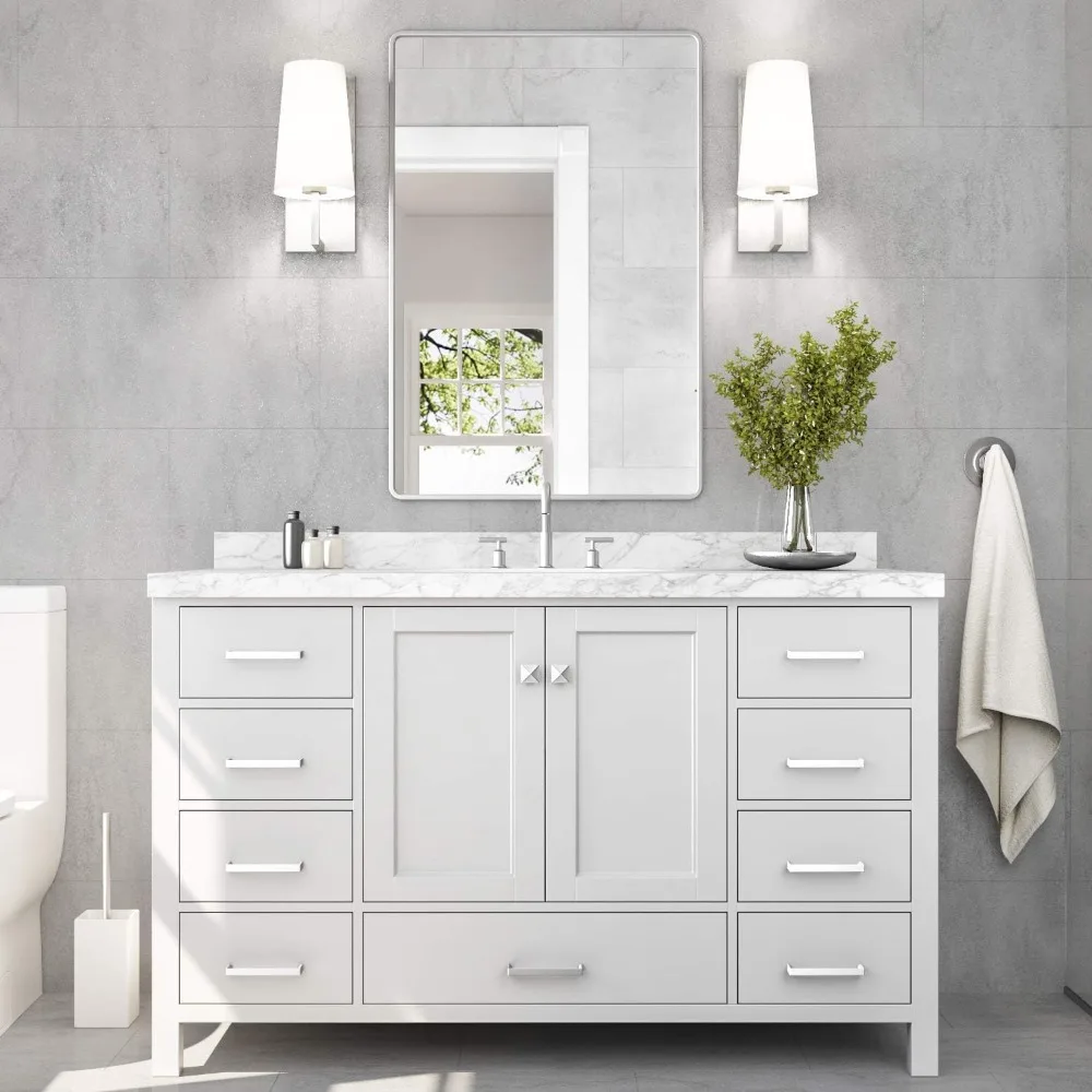 55" White Bathroom Vanity with Italian Carrara Marble Countertop and Backsplash - Image 2