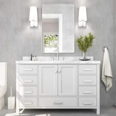 55" White Bathroom Vanity with Italian Carrara Marble Countertop and Backsplash