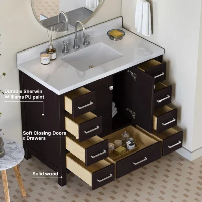 Alternative view of 43" Espresso Bathroom Vanity with Pure White Quartz Countertop and Ample Storage