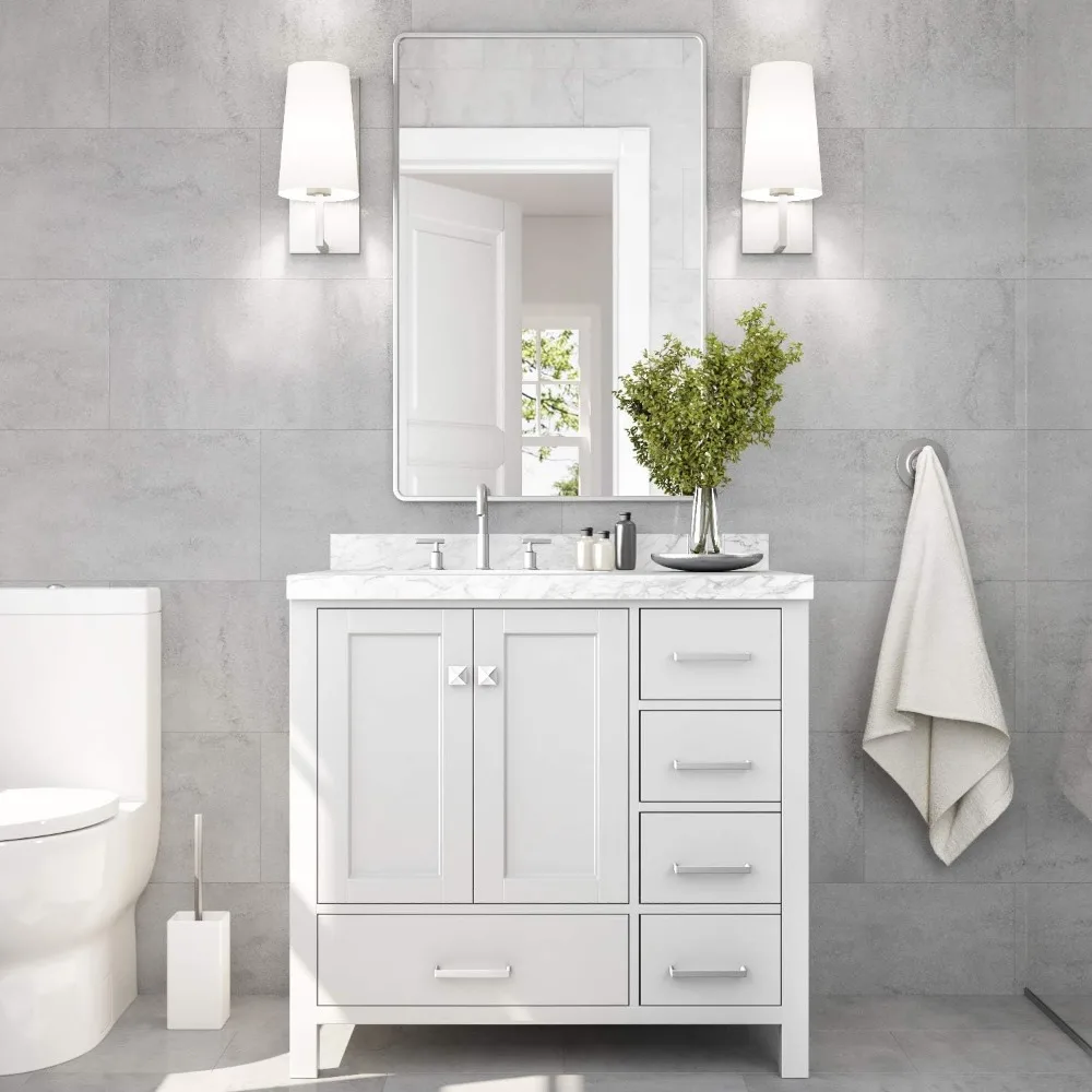 37" White Bathroom Vanity with Quartz Countertop and Left Offset Sink - Image 2