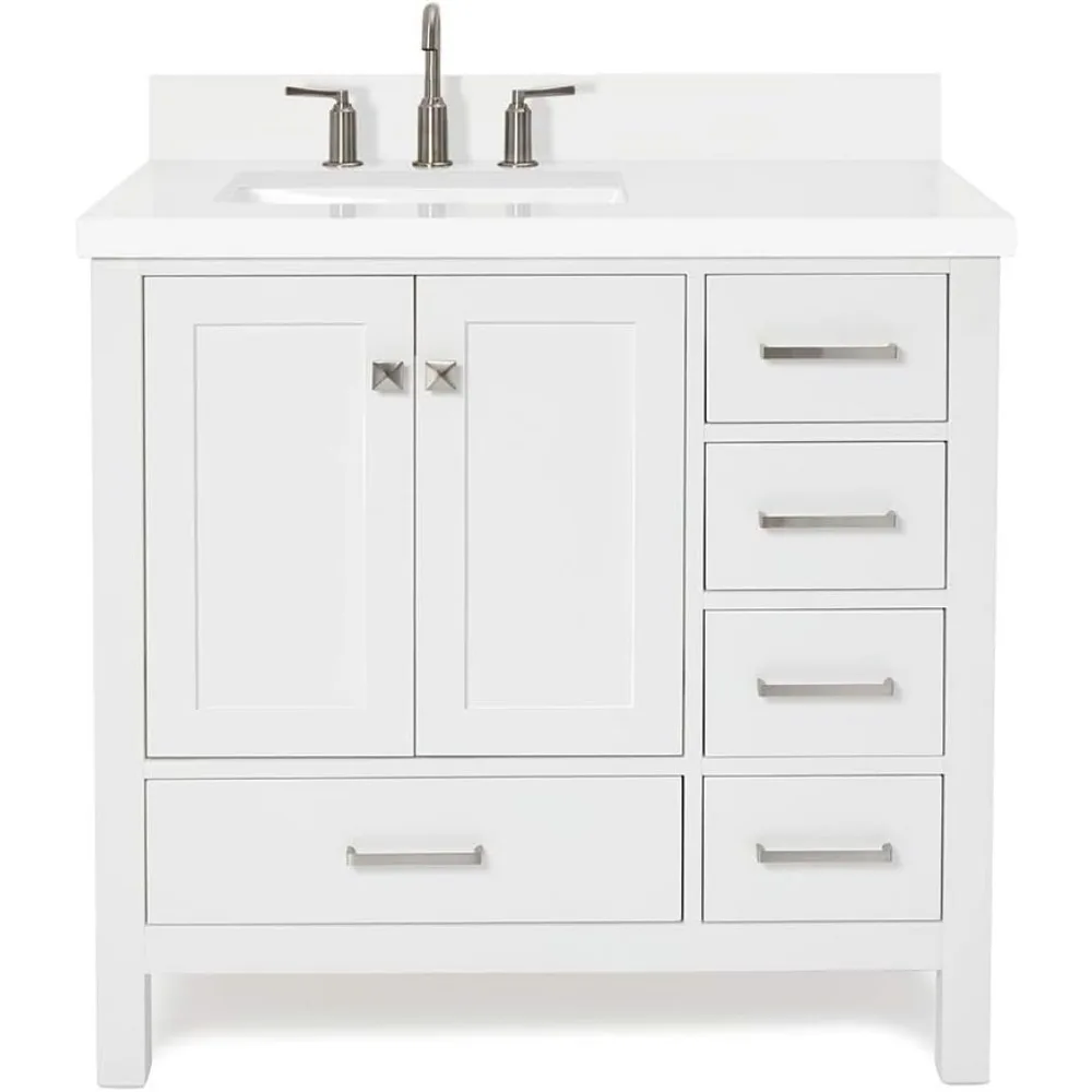 37" White Bathroom Vanity with Quartz Countertop and Left Offset Sink - Image 5