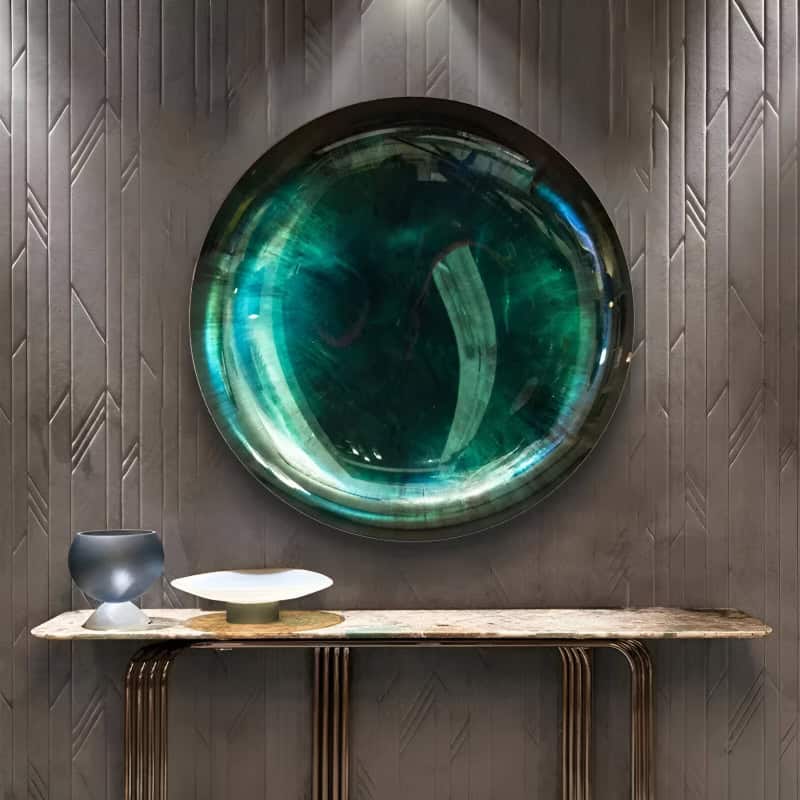 Elegant eyewear store decor with artistic wall feature and stylish display table for glasses and optical accessories.