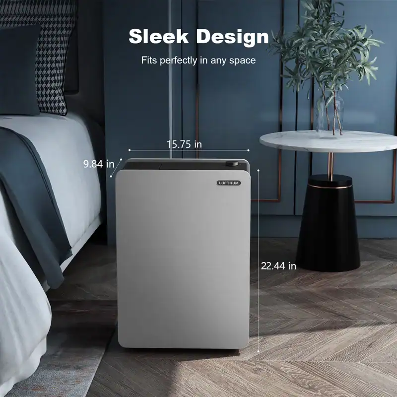 Luft-trum portable air purifier suitable for small spaces, measuring 15.75 inches wide, 22.44 inches tall, and 9.84 inches deep. Sleek design fits seamlessly into any room decor.