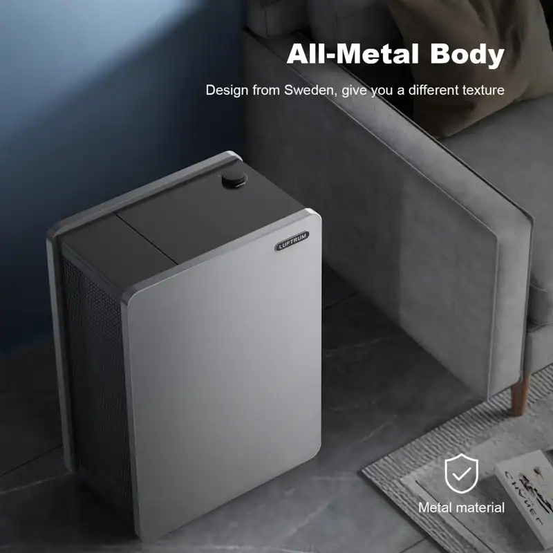 All-Metal Body air purifier with Swedish design for a durable and textured appearance, perfect for modern home and office environments, enhances air quality efficiently.
