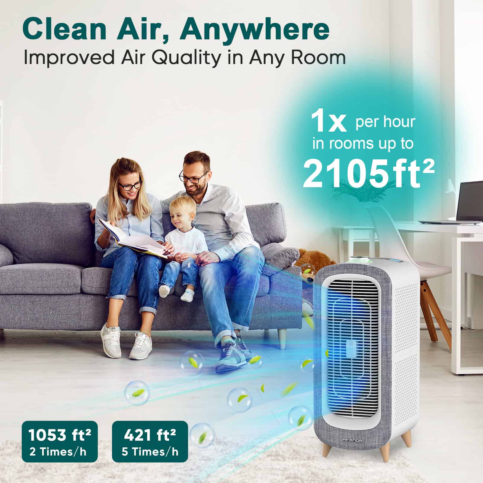 Efficient air purifier improving indoor air quality for home use, ideal for living rooms, reducing airborne pollutants, allergens, dust, and odors. Perfect for enhancing comfort and health.