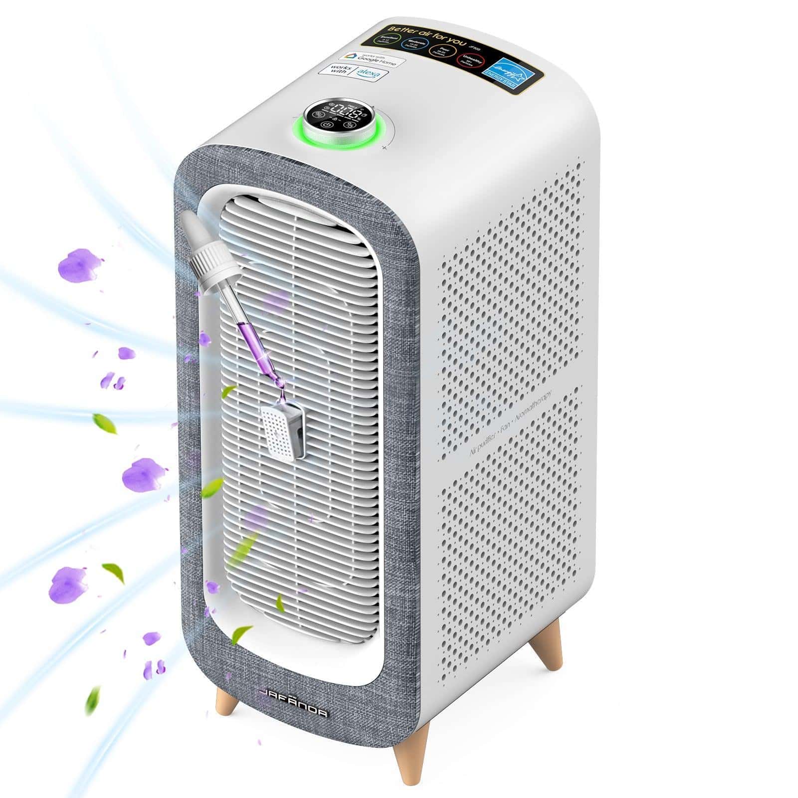 - Portable air purifier with UV sterilizer and fragrance diffuser for home and office use.