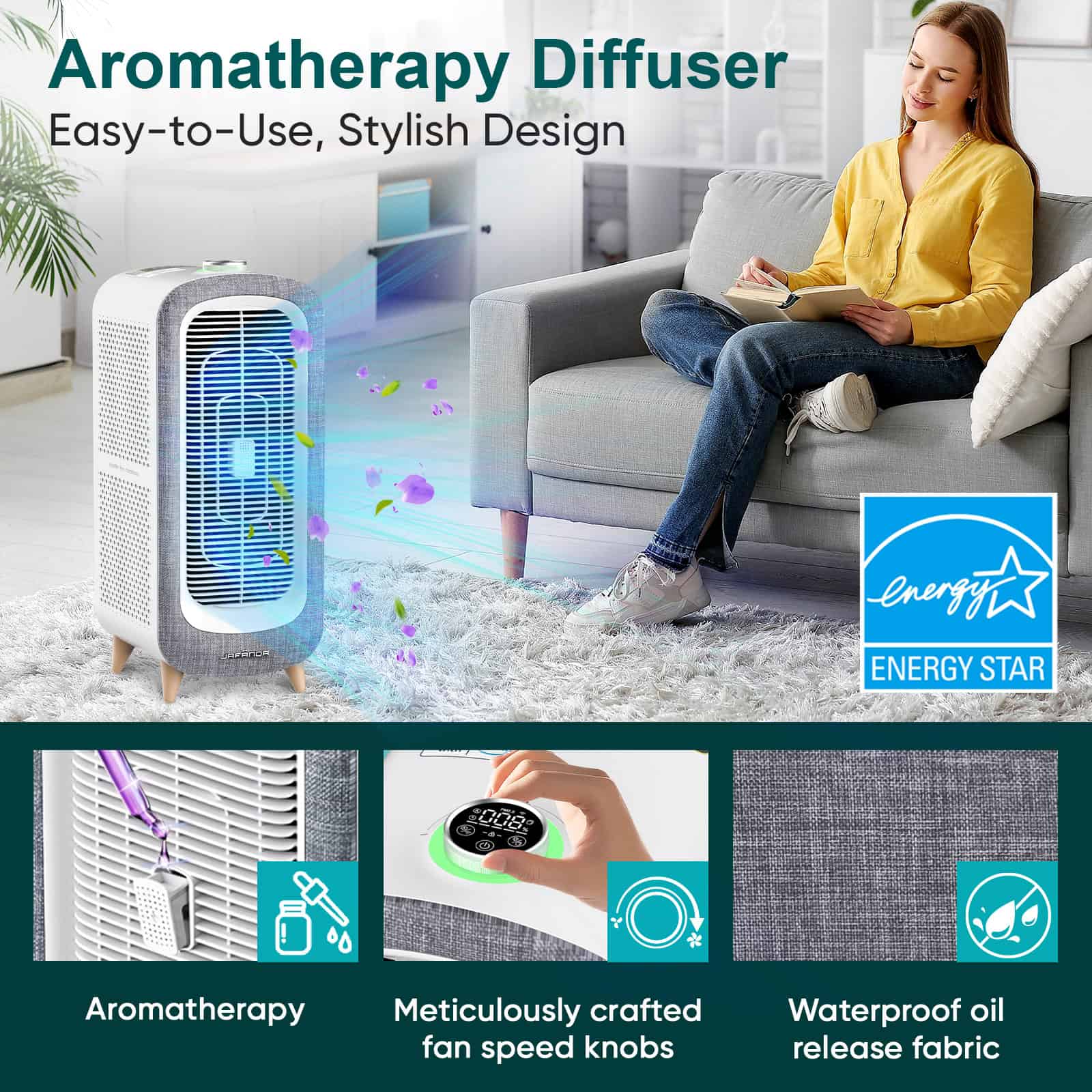 Air purifier for aromatherapy with stylish design, quiet operation, and waterproof fabric, offering a calming atmosphere and fresh air in your home or office.