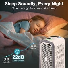 Air purifier for bedroom with quiet operation and low noise level high performance 22dB for peaceful sleep.