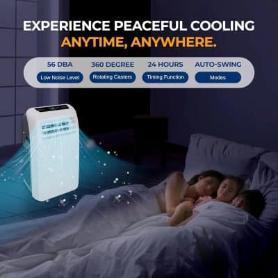 56 DBA portable air conditioner for peaceful cooling, quiet sleep, and energy-efficient comfort in your bedroom or living space. Ideal for home and personal use.