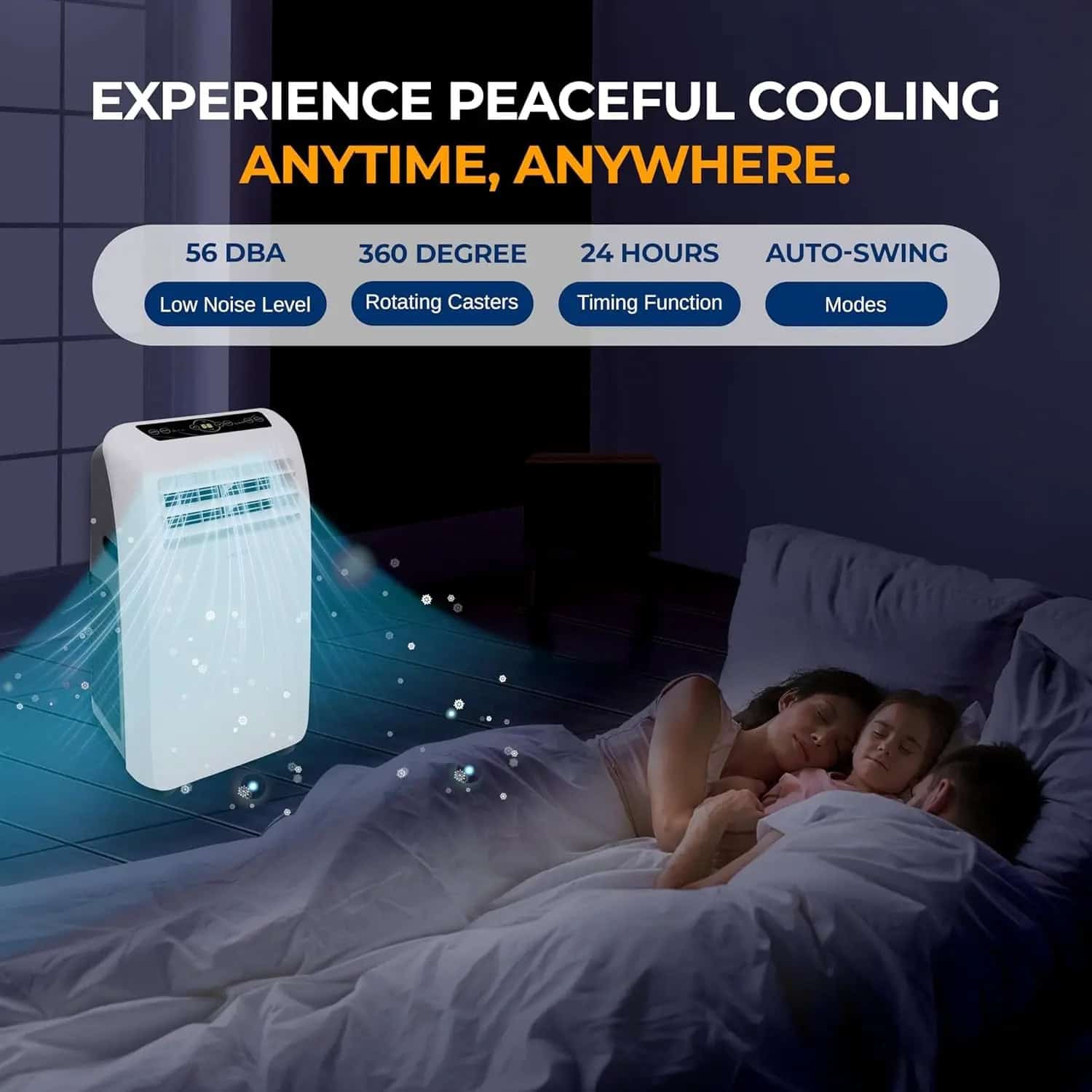 56 DBA portable air conditioner for peaceful cooling, quiet sleep, and energy-efficient comfort in your bedroom or living space. Ideal for home and personal use.