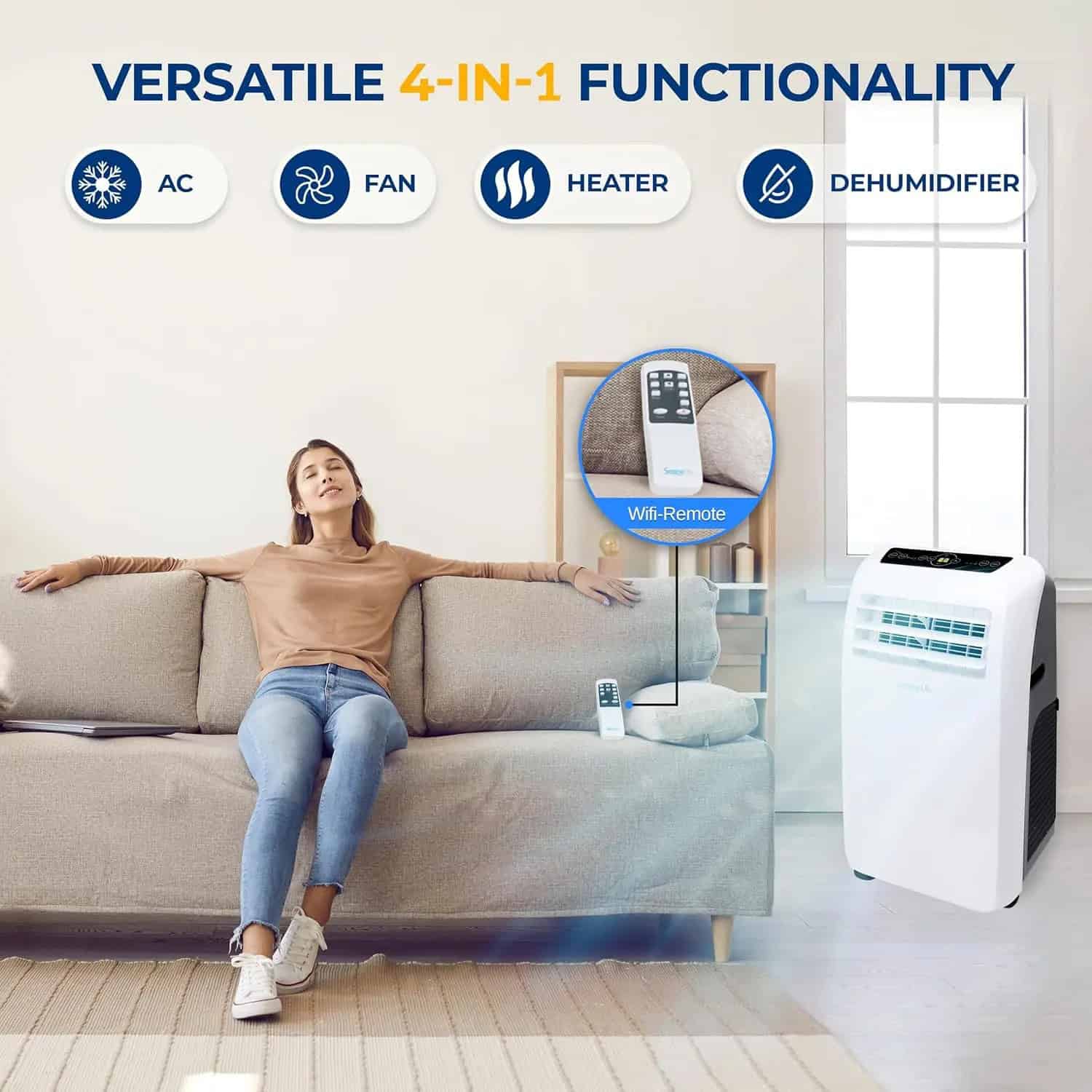 WiFi remote control for Monalisa store portable air conditioner, highlighting 4-in-1 functionality with cooling, fan, heater, and dehumidifier, perfect for home comfort.