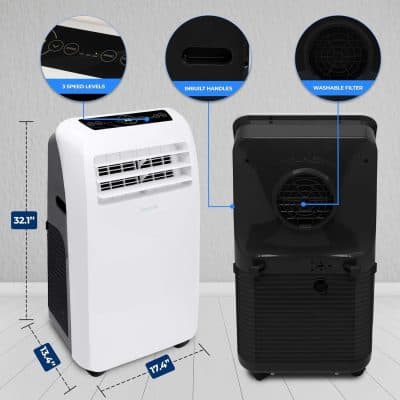 Portable evaporative cooler with 3-speed levels, built-in handles, and washable filter for effective air cooling solutions.