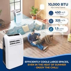 High-capacity portable air conditioner with 10,000 BTU cooling power for large living spaces, featuring 450 sq.ft coverage area, 325 m³/h airflow, and 1.5 L/hr dehumidification for optimal comfort.