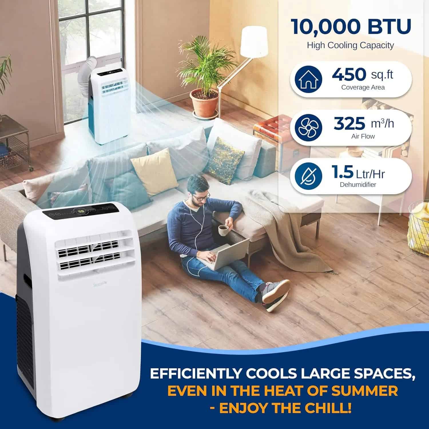 High-capacity portable air conditioner with 10,000 BTU cooling power for large living spaces, featuring 450 sq.ft coverage area, 325 m³/h airflow, and 1.5 L/hr dehumidification for optimal comfort.