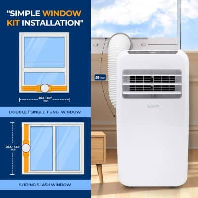 Efficient portable window air conditioner with flexible exhaust hose, ideal for small spaces, featuring easy installation for single-hung and sliding slash windows, perfect for home or office use.