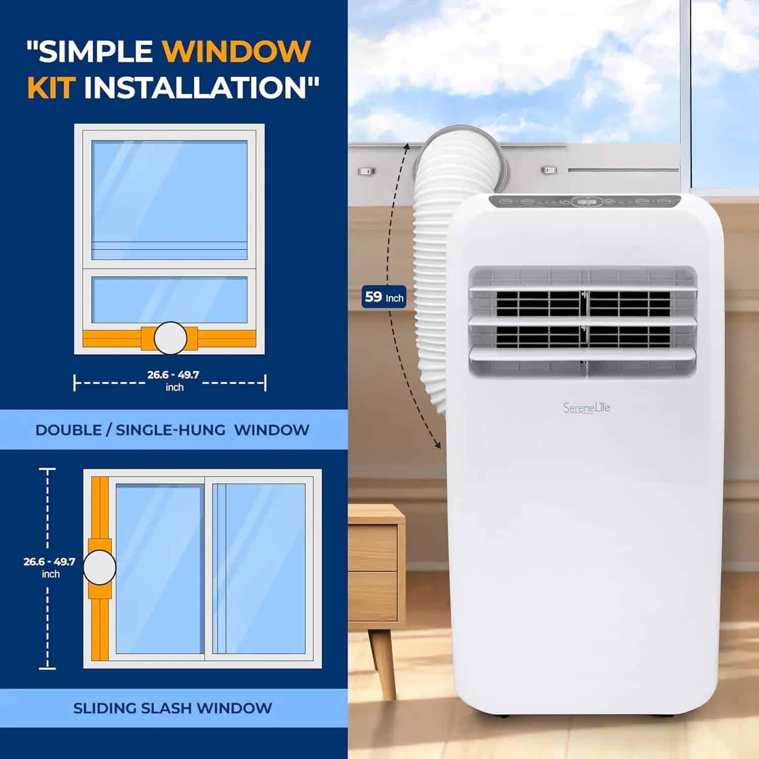 Efficient portable window air conditioner with flexible exhaust hose, ideal for small spaces, featuring easy installation for single-hung and sliding slash windows, perfect for home or office use.