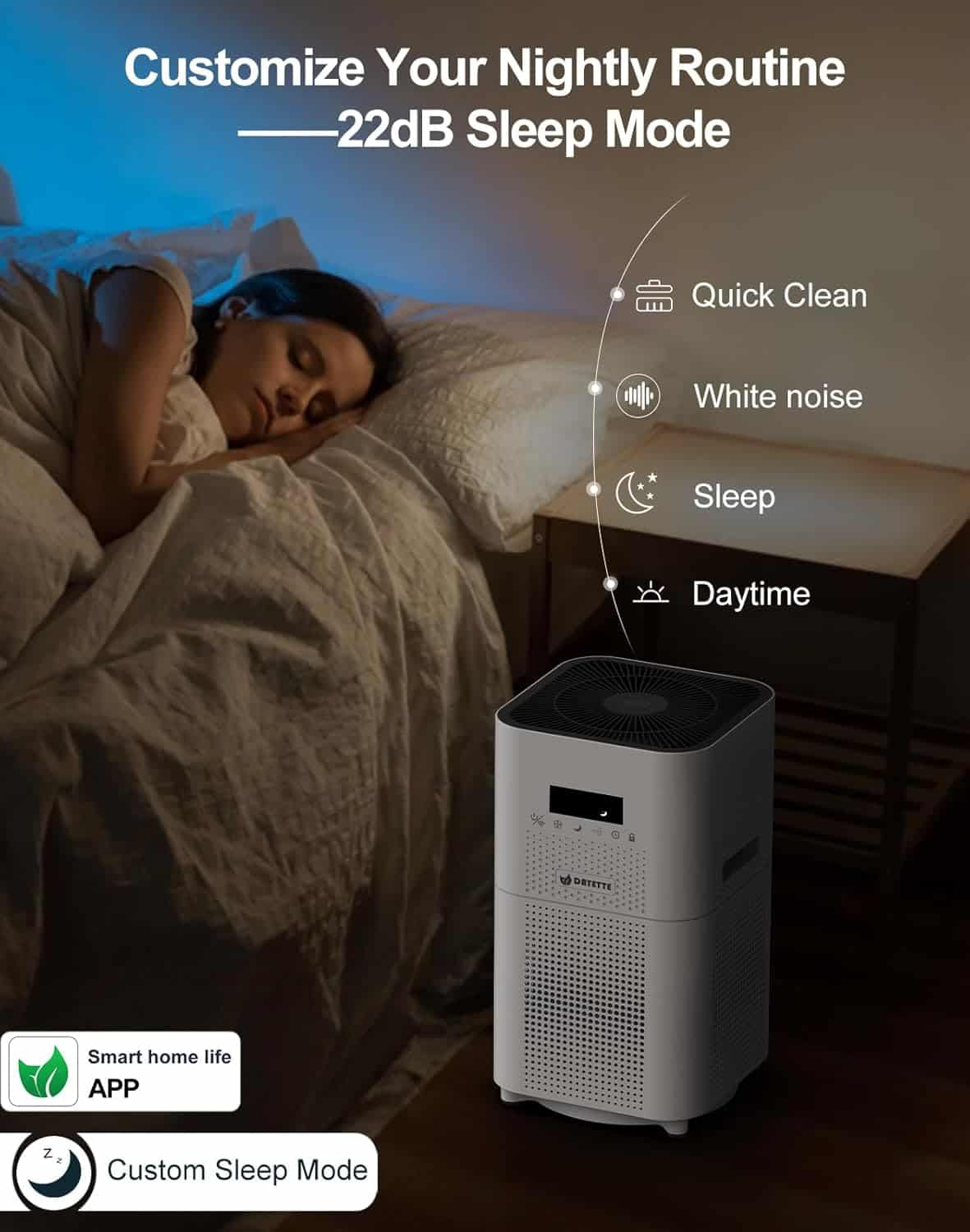 Quiet sleep air purifier with customizable sleep modes for improved night rest, featuring white noise, daytime comfort, and quick clean functions, ideal for enhancing sleep quality and bedroom air.