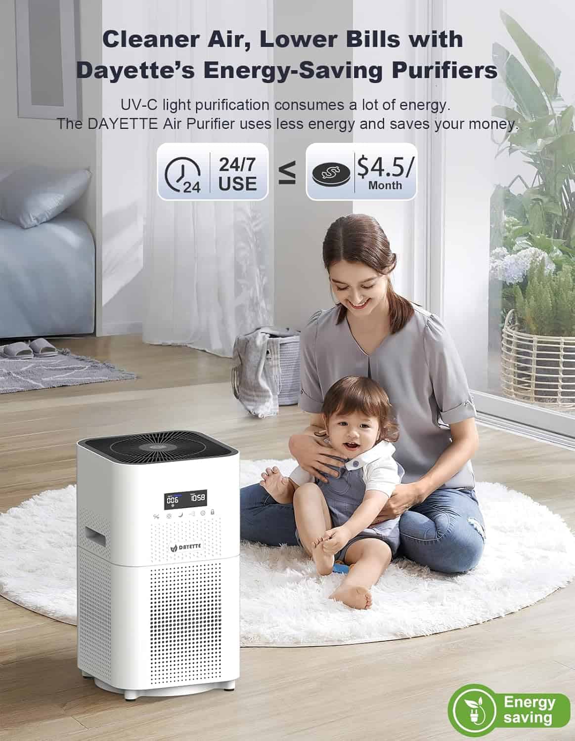 Clean air purifier with energy-saving features for home use, ideal for reducing bills and improving indoor air quality, perfect for families and allergy sufferers.