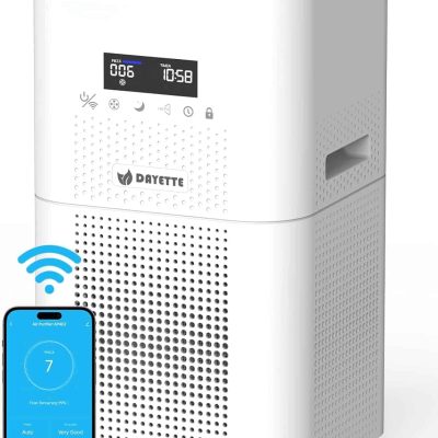 High-efficiency portable air purifier with Wi-Fi connectivity and smart controls, ideal for allergy and asthma relief, featuring HEPA filtration and air quality monitoring.