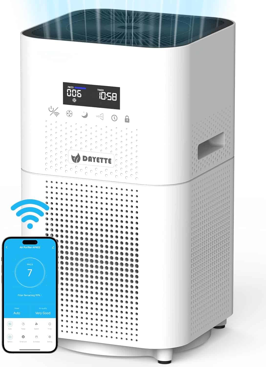 High-efficiency portable air purifier with Wi-Fi connectivity and smart controls, ideal for allergy and asthma relief, featuring HEPA filtration and air quality monitoring.
