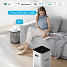 Air purifier with smart controls for home, voice command compatibility with Alexa and Google Assistant, suited for large rooms up to 3000 sq ft, modern design, ideal for improving indoor air quality.
