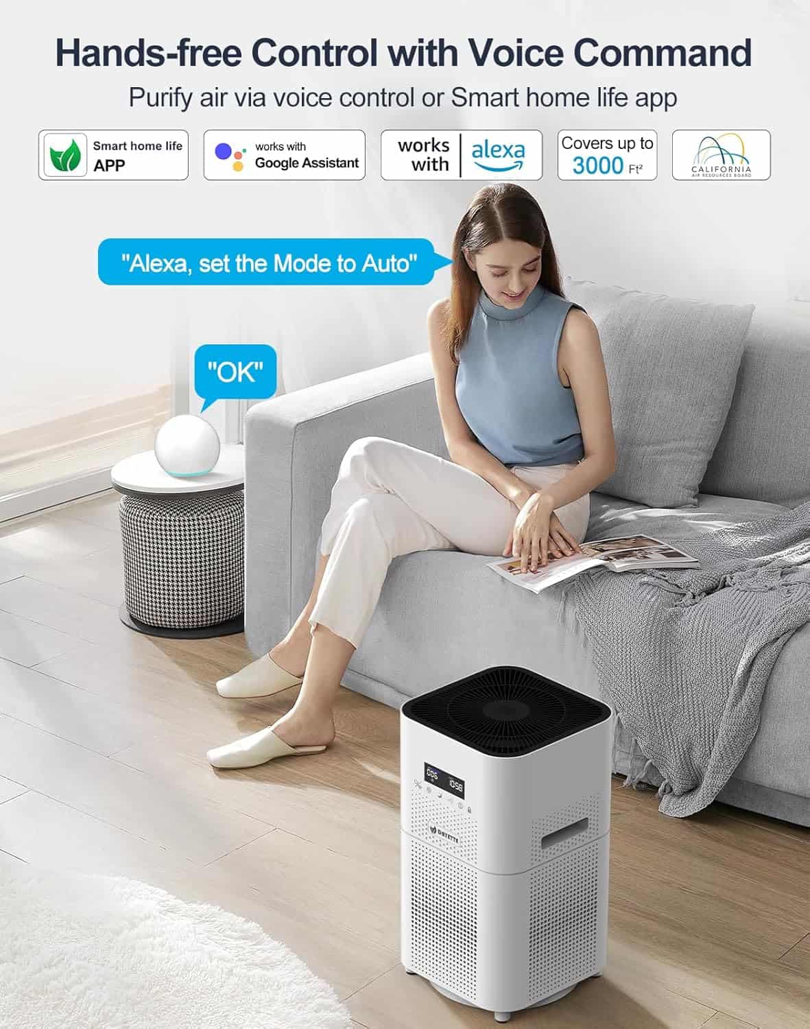 Air purifier with smart controls for home, voice command compatibility with Alexa and Google Assistant, suited for large rooms up to 3000 sq ft, modern design, ideal for improving indoor air quality.