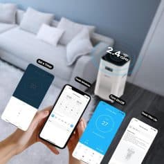 Remote-controlled air purifier with app integration showcased in a modern living room setting for smart home convenience.