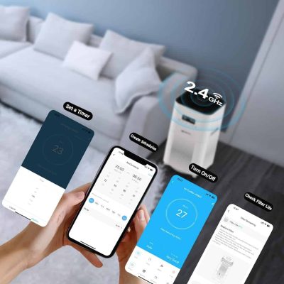 Remote-controlled air purifier with app integration showcased in a modern living room setting for smart home convenience.