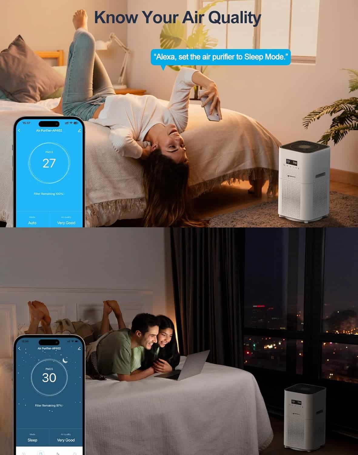 Air purifier for bedroom use with smart app control, ideal for improving air quality and sleep environment at Monalisa Store.