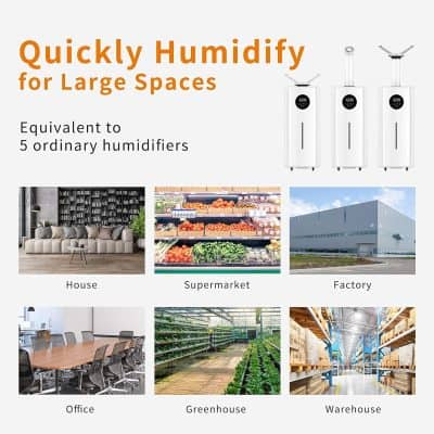 High-capacity humidifier for large spaces, suitable for homes, supermarkets, factories, offices, greenhouses, and warehouses. Provides rapid humidity to improve air quality effectively.