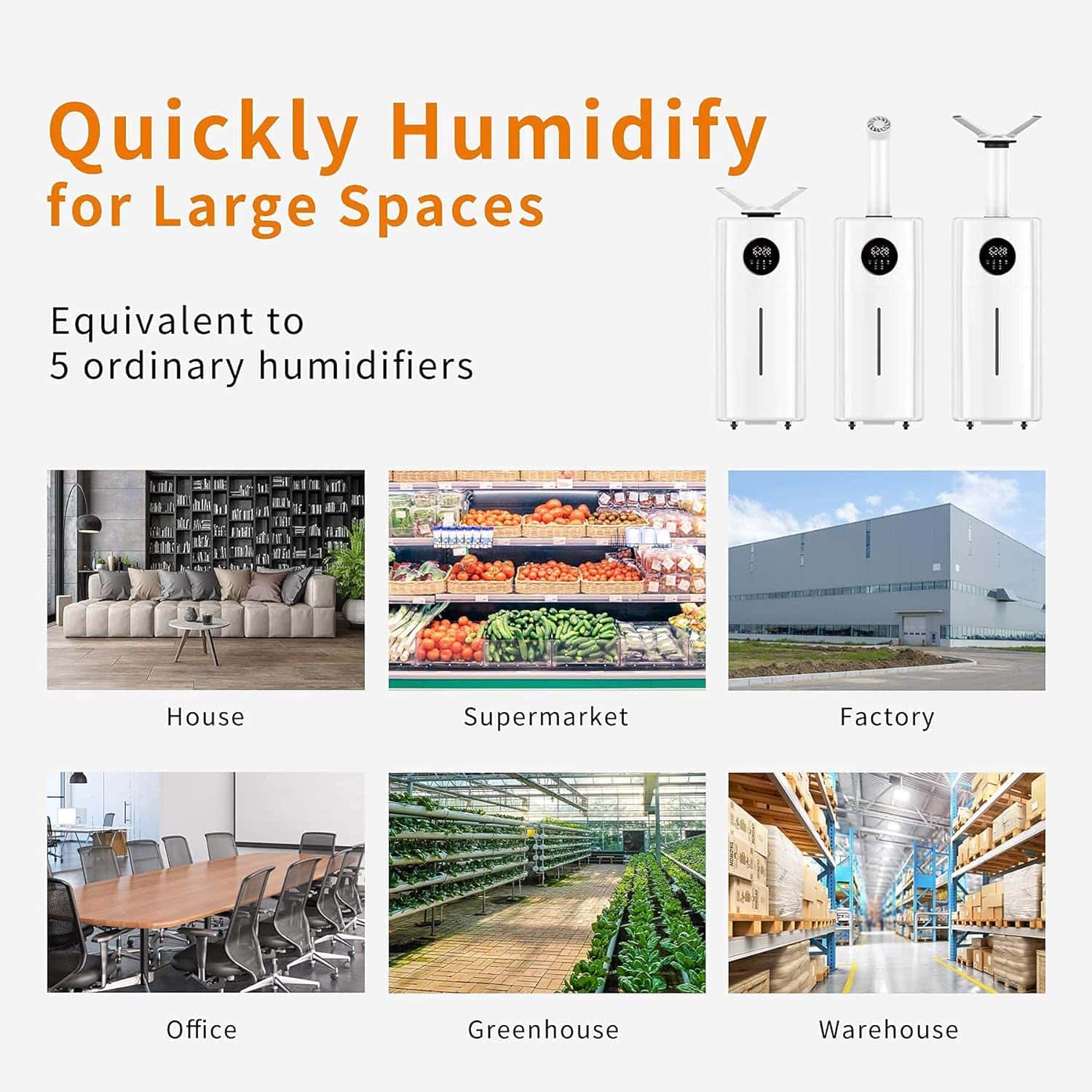 High-capacity humidifier for large spaces, suitable for homes, supermarkets, factories, offices, greenhouses, and warehouses. Provides rapid humidity to improve air quality effectively.