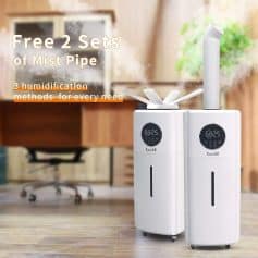 Ultrasonic mist humidifier with dual tanks, ideal for home or office, featuring three humidity methods for optimal comfort and air quality.