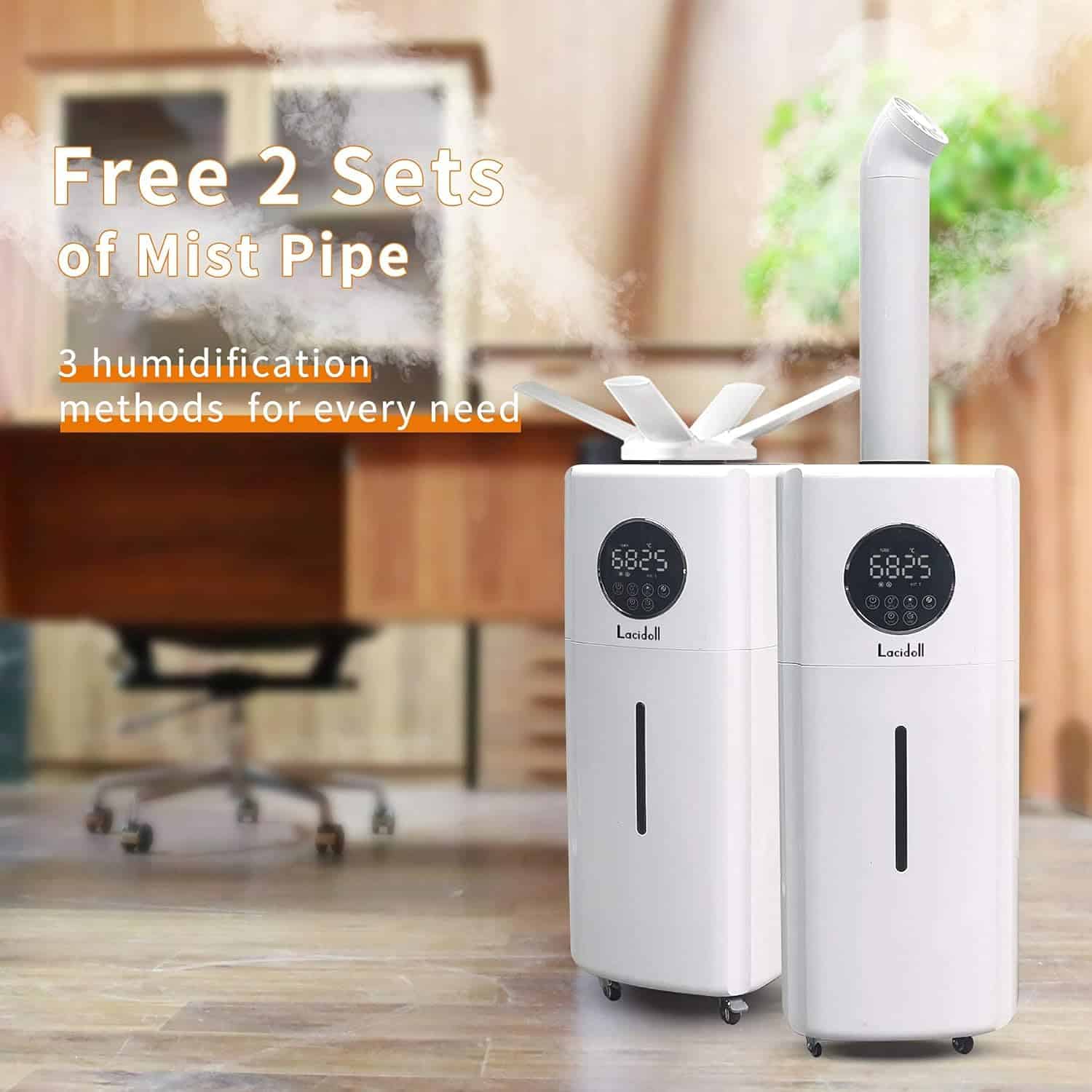 Ultrasonic mist humidifier with dual tanks, ideal for home or office, featuring three humidity methods for optimal comfort and air quality.