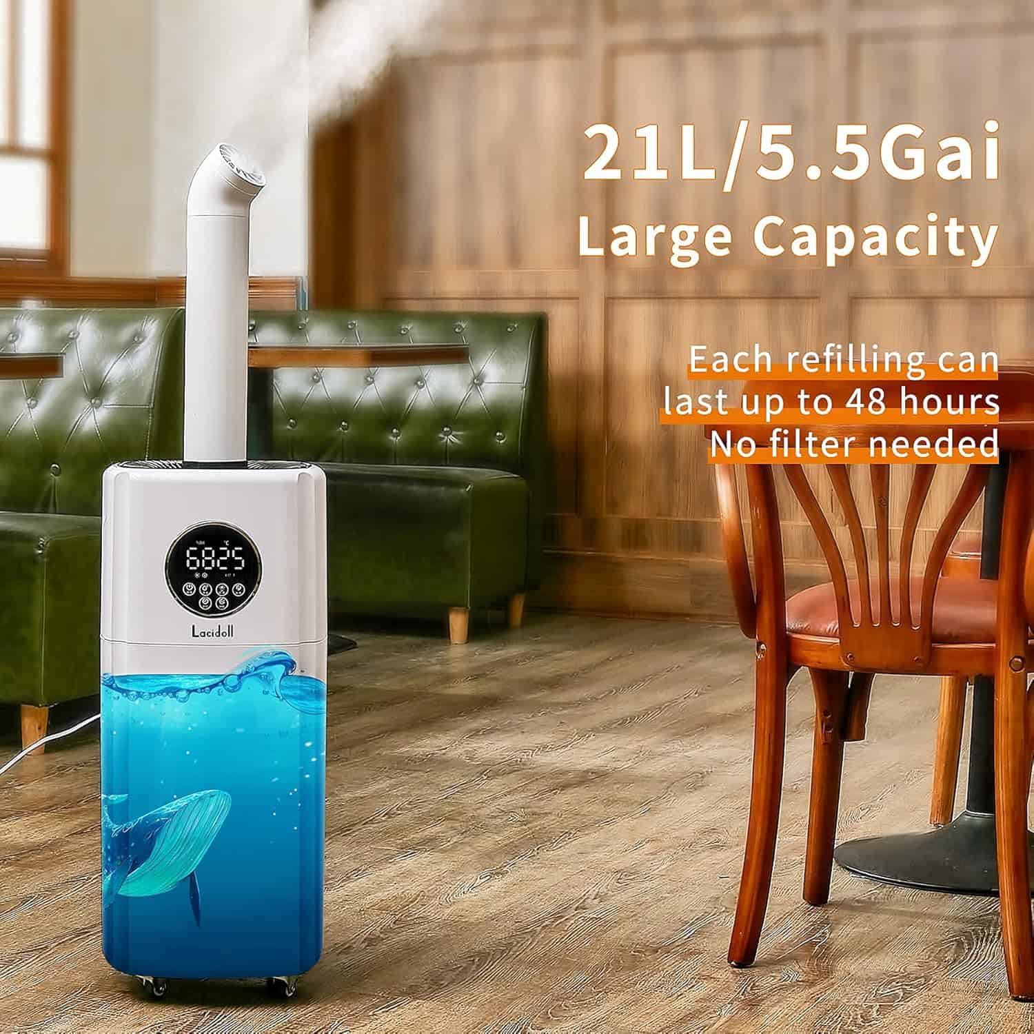 Disinfection fogger with large 21L capacity, ideal for medical and commercial spaces, with long-lasting refill can up to 48 hours, no filter needed for efficient sanitization.