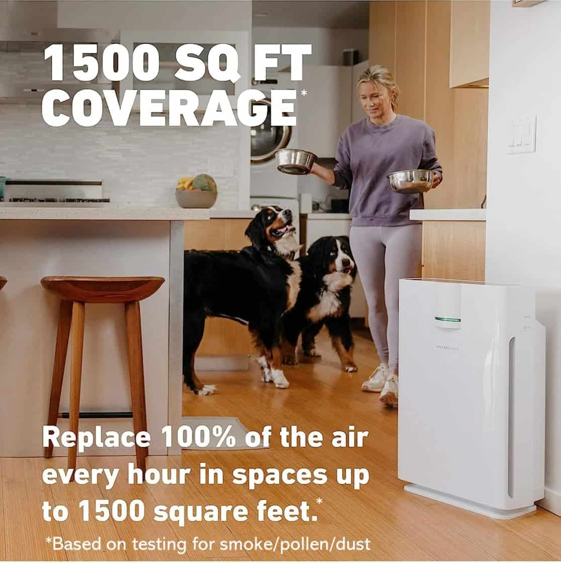 Air purifier for large spaces, 1500 sq ft coverage, indoor air cleaning, pet-friendly air purifier, smoke and dust removal, Monalisa Store air quality solutions, home air purifiers, allergy relief appliances, effective air filtration, residential air purification system.