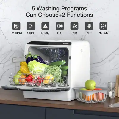 Fresh vegetables inside a compact, modern dishwasher with multiple washing programs, ideal for efficient kitchen cleaning and food preservation.