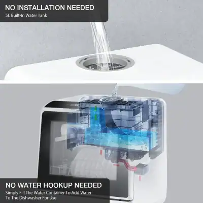 Effortless water supply with built-in 5L water tank, no installation needed, ideal for modern kitchens.