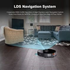 High-precision laser navigation system scanning living room for home mapping at 360 RPM for smart home automation.
