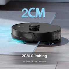 Automatic robotic vacuum cleaner demonstrating 2cm climbing capability on various surfaces, designed for efficient, thorough cleaning in smart home environments.