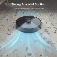 Robot vacuum cleaner with powerful suction on hardwood floor, 6000Pa strong grip, 5300mAh lithium battery, smart home cleaning device, Monalisa Store.