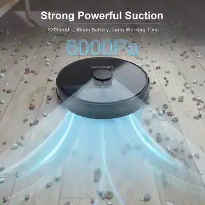 Robot vacuum cleaner with powerful suction on hardwood floor, 6000Pa strong grip, 5300mAh lithium battery, smart home cleaning device, Monalisa Store.