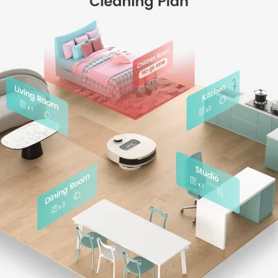 Robotic vacuum cleaner navigating a modern open-concept living and dining area with labeled zones for different rooms, emphasizing smart home cleaning solutions.