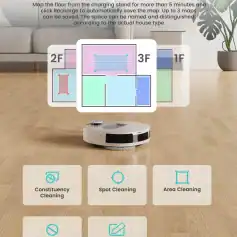 Robotic vacuum cleaner in a home setting with multi-picture memory map and cleaning options for efficient floor cleaning, ideal for smart home and cleaning solutions.